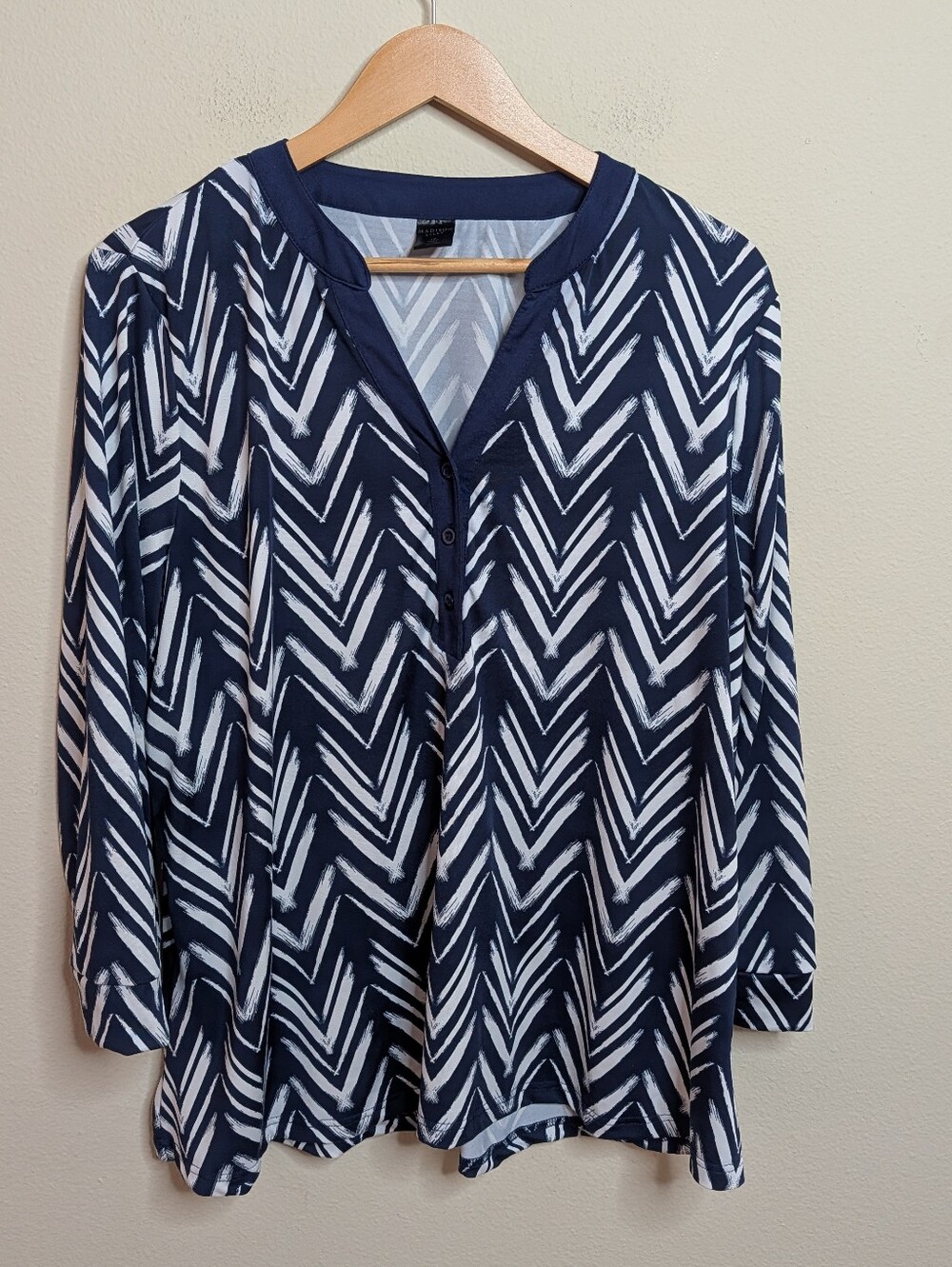 Madison Lilly Navy Chevron Print Long Sleeve Top 1X